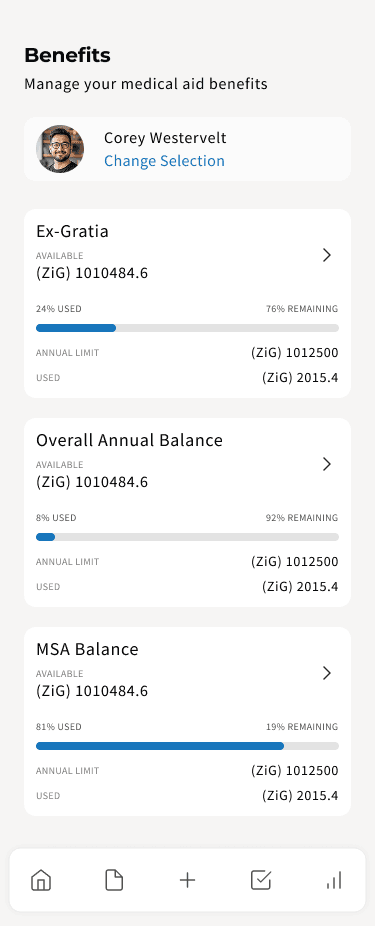 The same CellMed Benefits screen on mobile, with the same three balance cards stacked in a single column