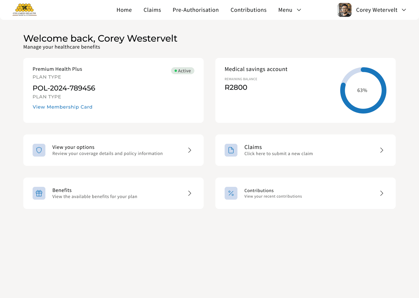 CellMed Dashboard on desktop: a welcome header, the member's plan and membership number, medical savings account balance, and shortcuts to options, benefits, claims and contributions