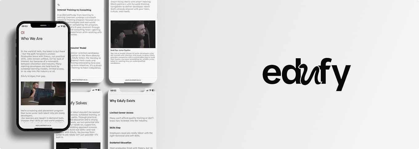 The Edufy site's 'Internal Training-to-Consulting' and 'Resource' model sections, shown across phone and desktop panels