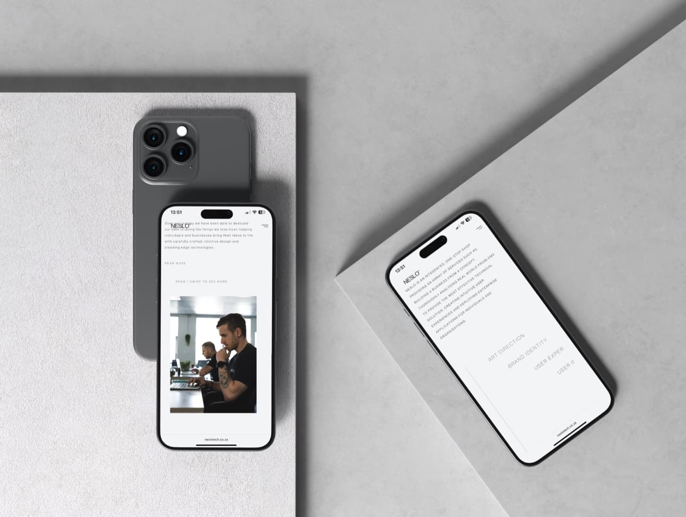 Two phones showing the Neslo site: the studio's mission statement beside a photo of the team at work, and the services list