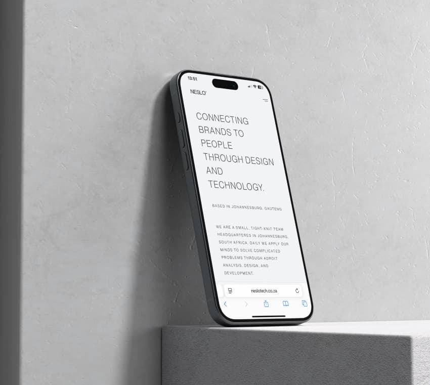 The Neslo homepage on a phone: "Connecting brands to people through design and technology," based in Johannesburg, Gauteng