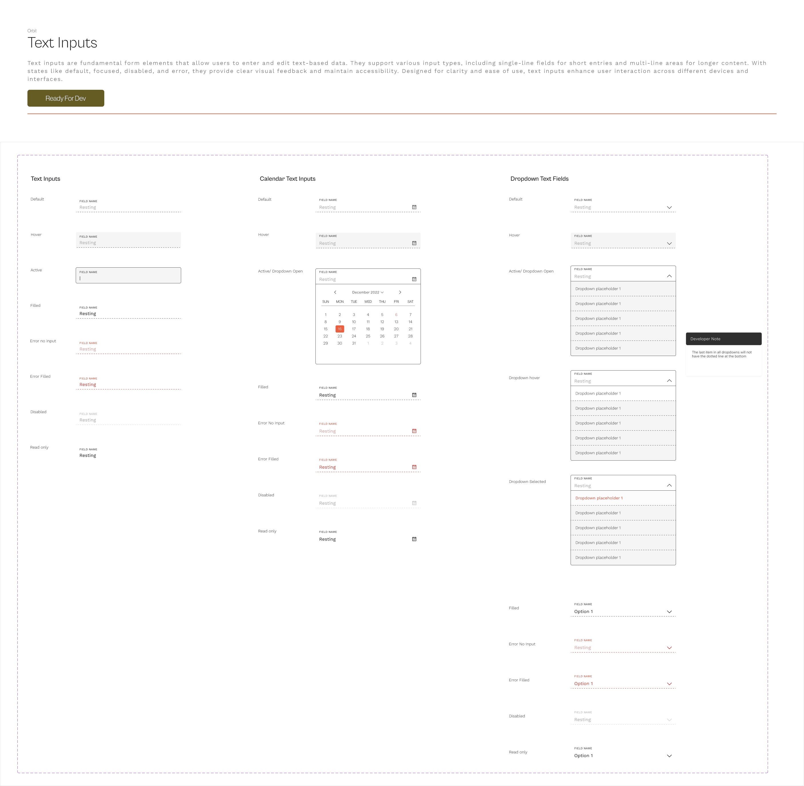 Orbit Figma component library: text input, calendar, and dropdown field components with a developer handoff note