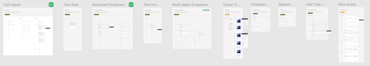 Orbit Figma file overview showing the full set of component pages, from text inputs through to feature-specific patterns like Give Kudos