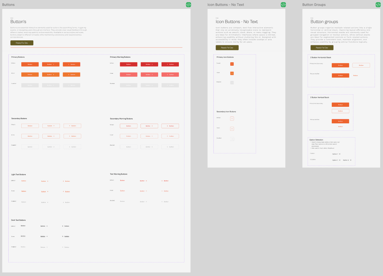 Orbit Figma file pages for buttons, icon buttons, and button groups, marked with dev-mode status
